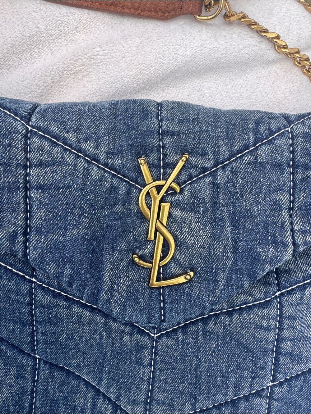 Saint Laurent Denim Chevron Shoulder Bag with Gold Hardware - Picture 3 of 13